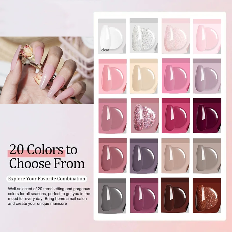مجموعة أدوات مسحوق الأظافر، 20 لونًا عاريًا ورديًا لامعًا من الأكريليك مع قاعدة/معطف علوي من الأكريليك