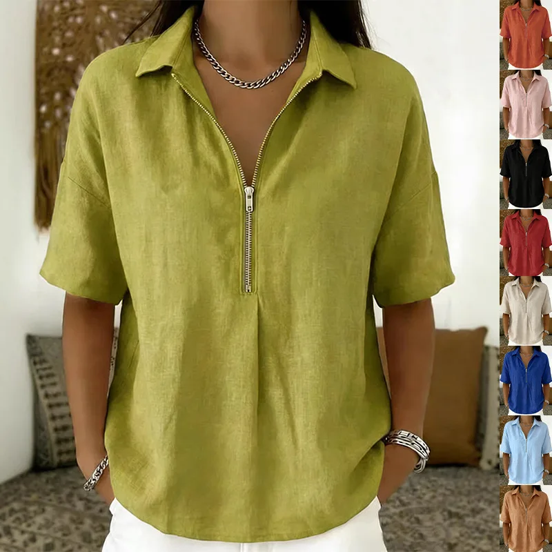 Elegant Turn-Down Collar Zipper Office Blouses Spring Comfy Loose Solid Tops T Shirt Summer Short Sleeve Casual Shirt Harajuku