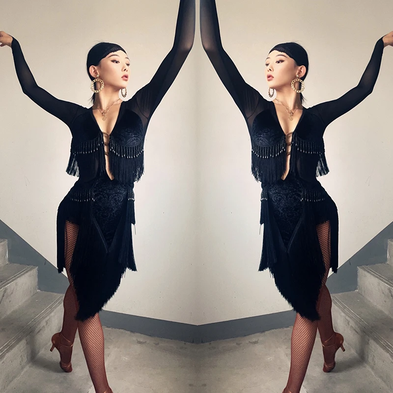 Sexy Fringe Latin Dans Jurk Vrouwen Zwarte Lange Mouw Jurken Mesh V-hals Prestaties Outfit Rumba Samba Salsa Stadium Slijtage 1772