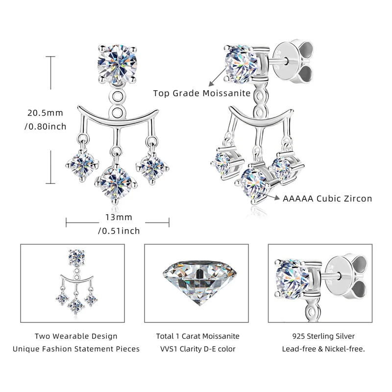 2024 Trendy 1cttw 5mm Moissanite Drop Stud Earrings for Women 925 Silver Dual Use Earrings Jacket GRA Certified Christmas Gift