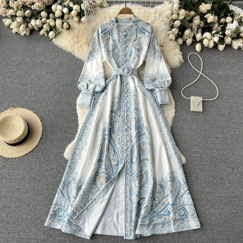 Retro Court Sle Floral Print Long Dr Women's Single Button Lantern Sve Empire Waist A-Line Knee-Length Dr