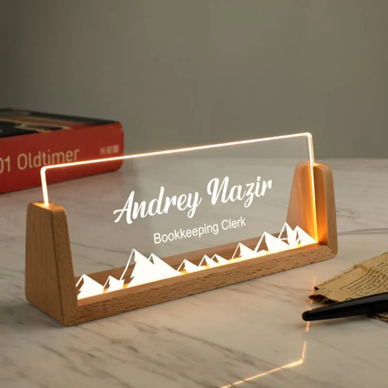 Customizable Personalized Lighted Acrylic Desk Name Plate with Wooden Base Office Decor Ideal Gift for New Job Promotion