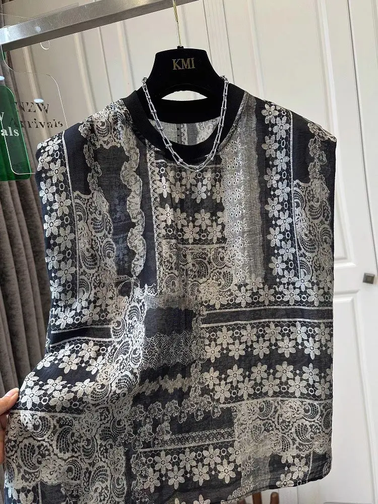Elegant Floral Print round Neck Sleeveless Vest Women's Fashionable Unique Base Shirt Summer Commute Style Slim Fit T-shirt