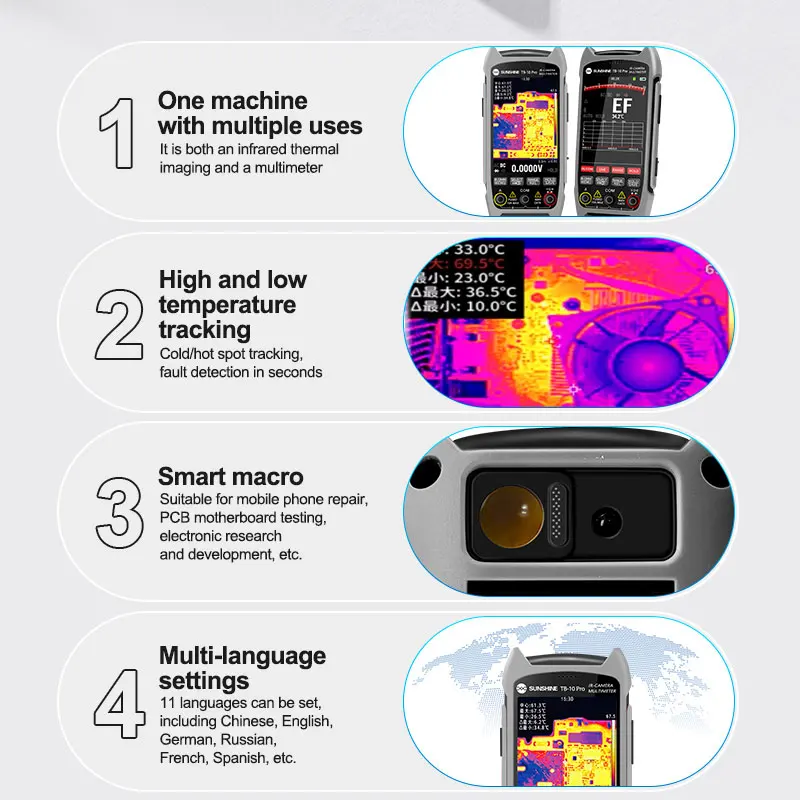 Инфракрасный тепловизионный мультиметр SUNSHINE TB-10 Pro, разрешение 256*192 HD, инструменты для ремонта многоязычных настройков
