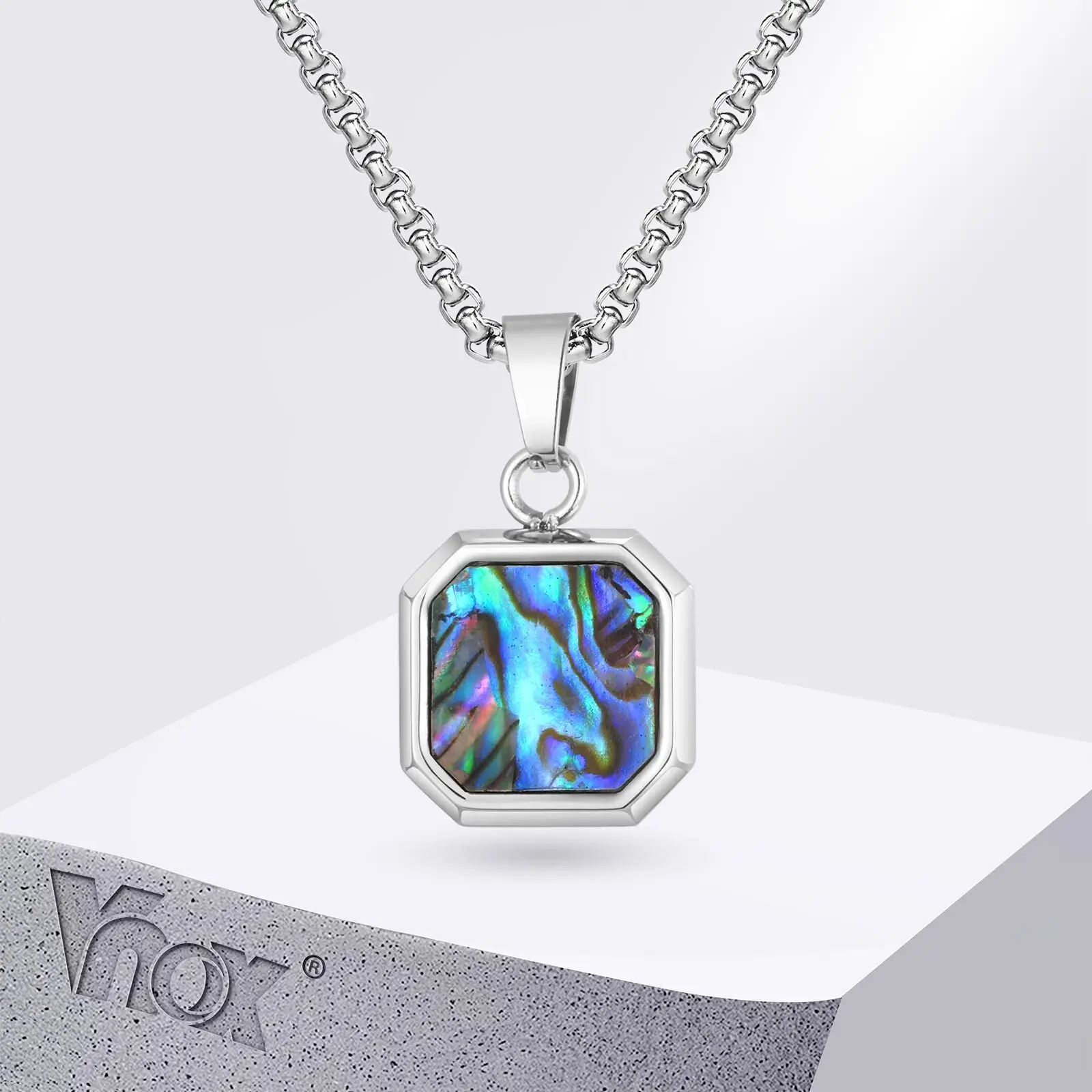Vnox Stainless Steel Hypoallergenic Square Malachite Abalone Shell Pendant Necklace 15x19.5x4mm Box Chain Jewelry Gifts for Men