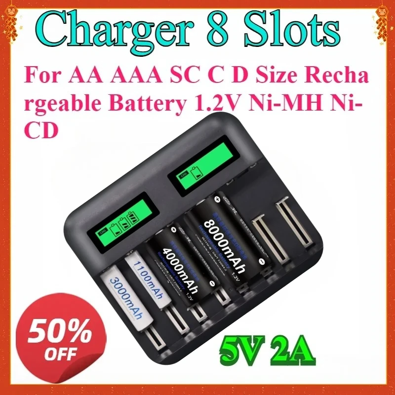 

New For AA AAA SC C D Size Rechargeable Battery 1.2V Ni-MH Ni-CD Quick Charger 8 Slots LCD Display USB Smart Battery Charger