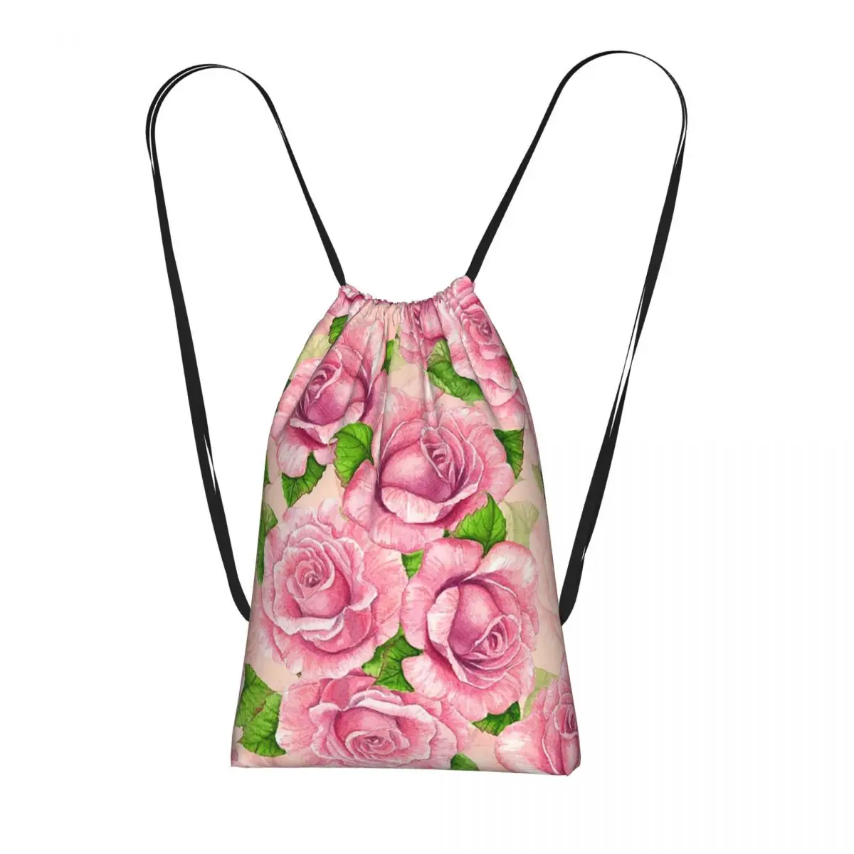 Pink Rose Botanical Garden Watercolor Backpacks Fashion Drawstring Bundle Pocket Sports Bag Book Bags for Travel Students