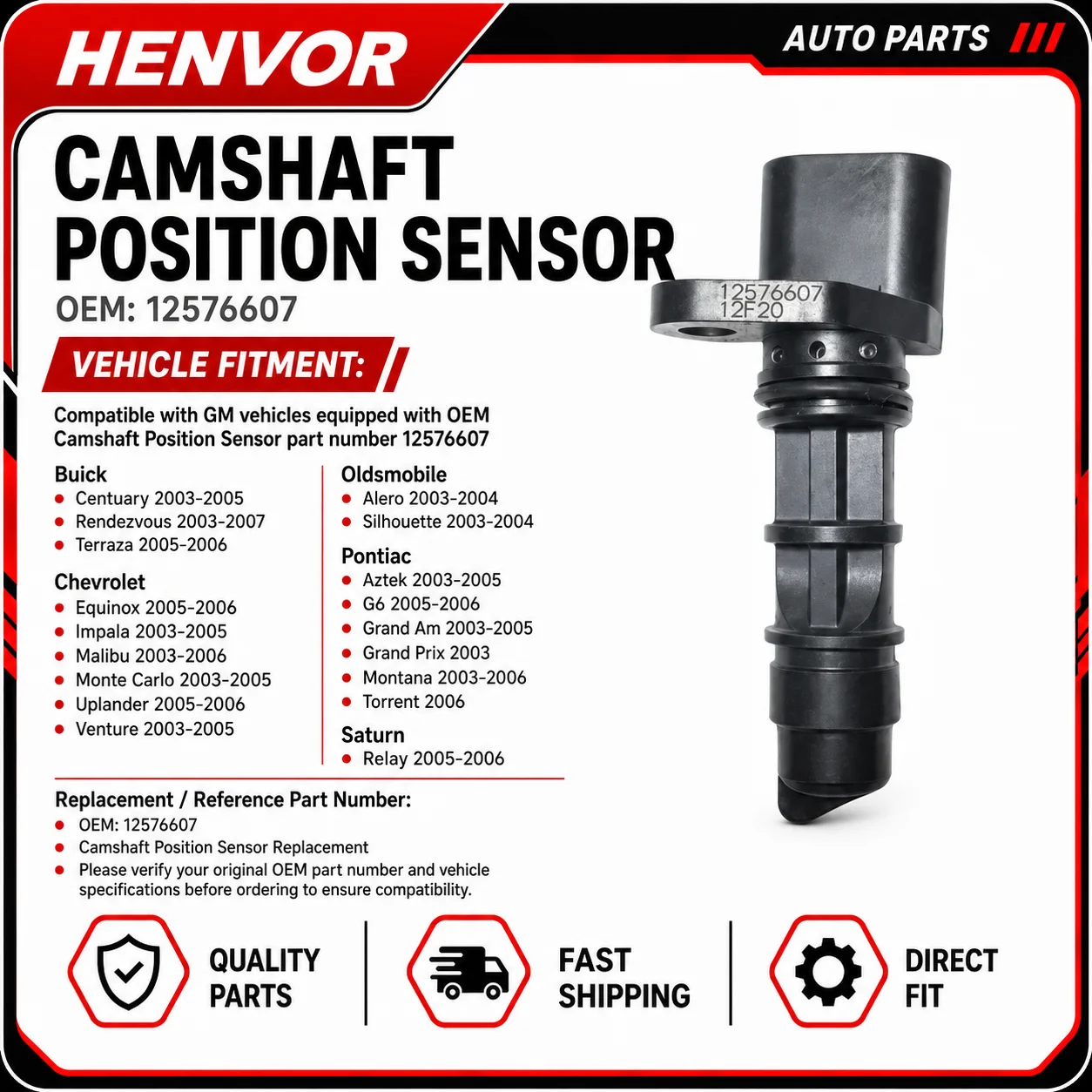 Camshaft Position Sensor 12576607 for Buick Century Rendezvous Chevrolet Impala Malibu Pontiac G6 2003-2007