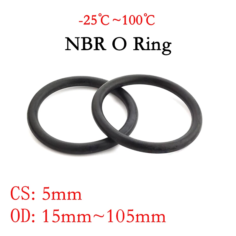 10pcs NBR O Ring Seal Gasket CS 5mm OD 15~105mm Nitrile Butadiene Rubber Spacer Oil Resistance Washer Round Shape Black