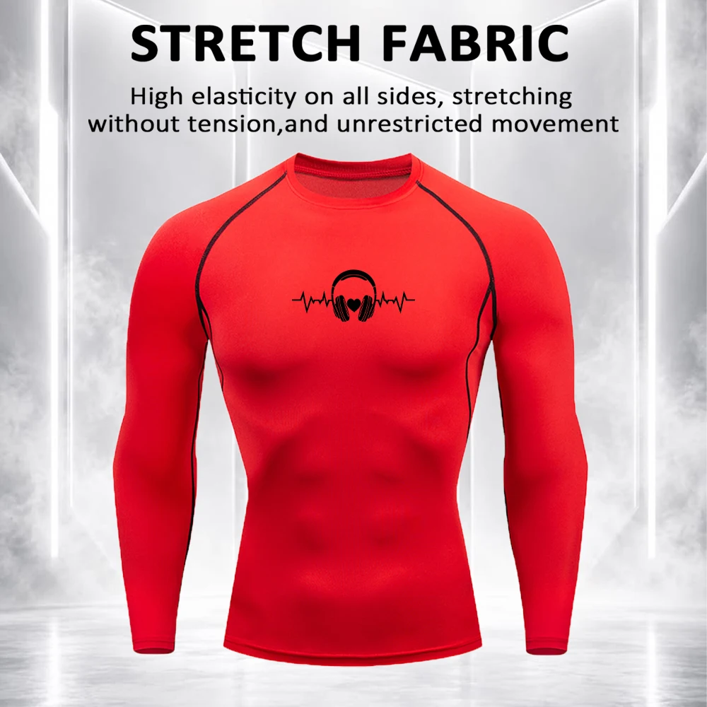 Men's Compression Long Sleeve Athletic Top Creative Headset Print Stretchy Quick Drying Ideal For Running Cycling And Workouts