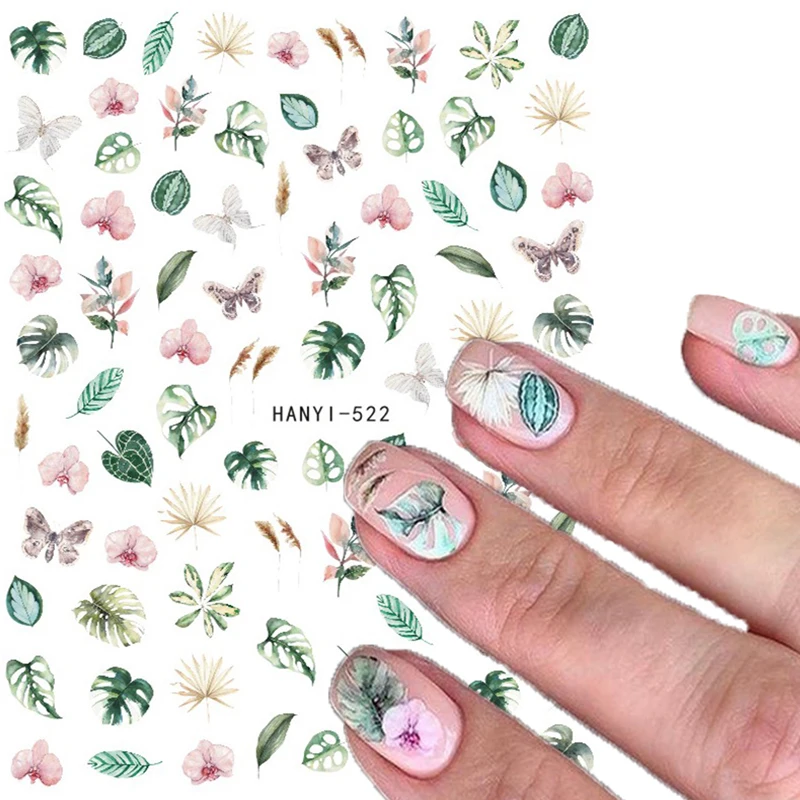 

Nail Art Decals Tropical Palms Leafs Frangipani Flowers Butterfly Back Glue Nail Stickers Decoration For Nail Tips Beauty