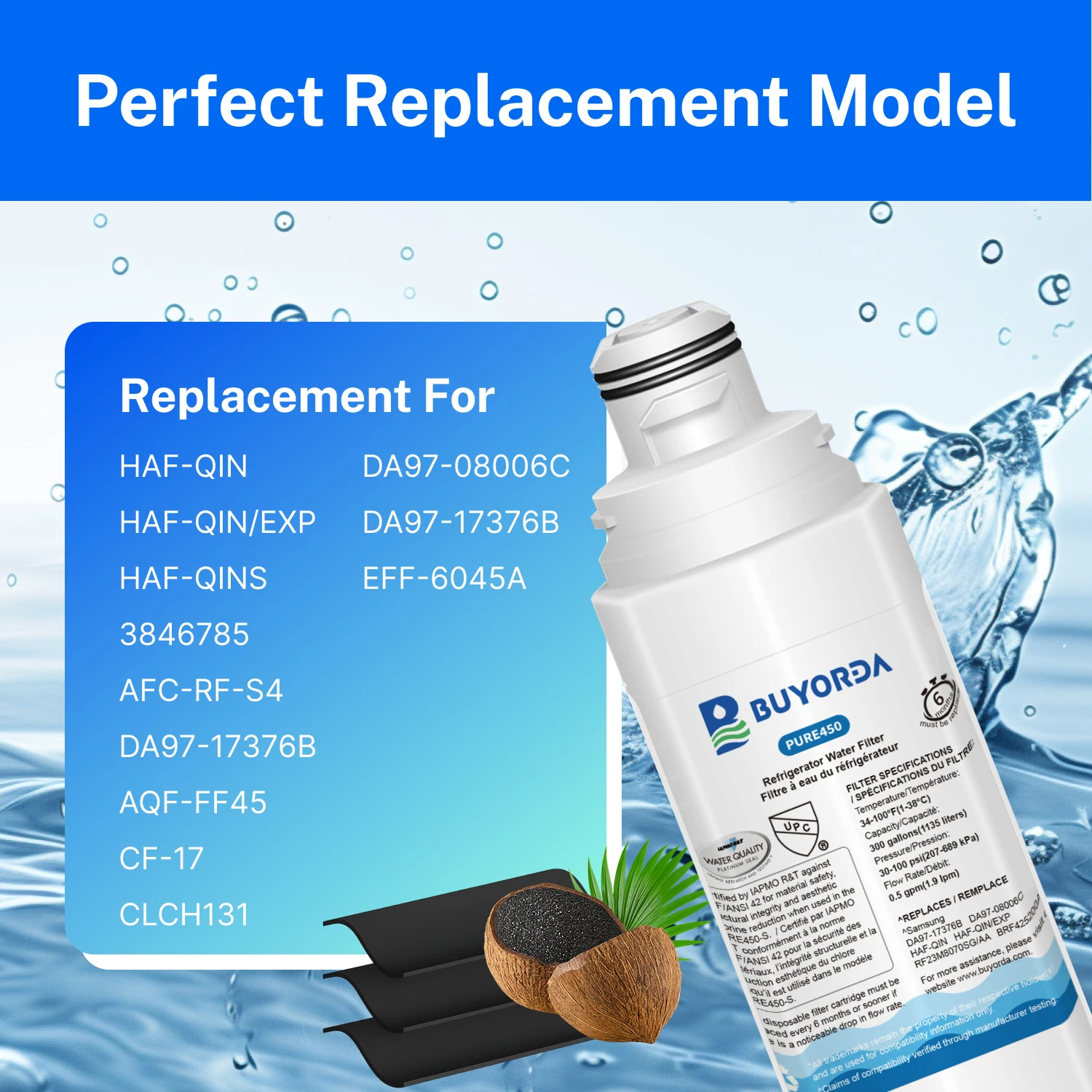 فلتر مياه بديل HAF-QIN لثلاجة لـ for Samsung DA97-17376B HAF-QIN/EXP DA97-08006A DA97-08006B، تركيب سهل، عبوة من 6