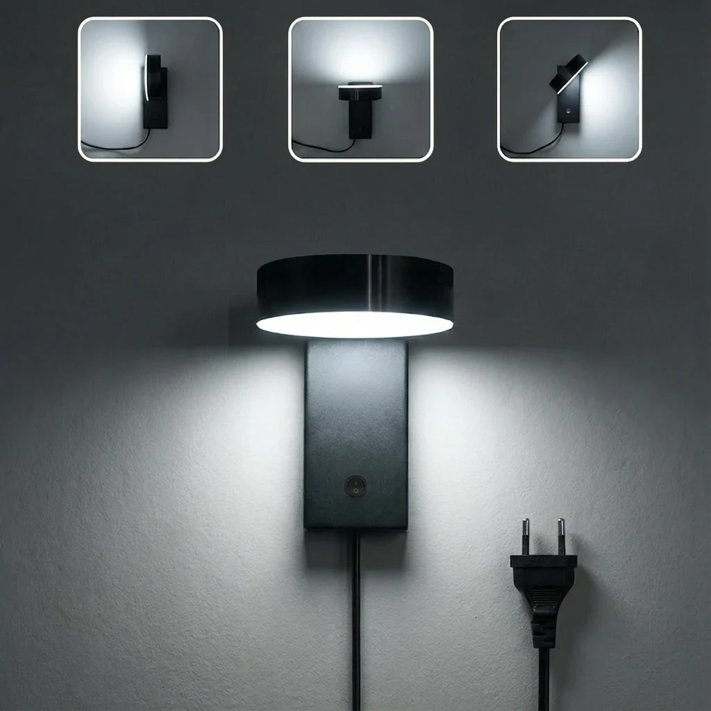 Modern Plug-in LED Wall Light with 350 Degree Rotation and 3W Aluminum Wall Lamp with Switch Button Suitable for Desk Bedroom