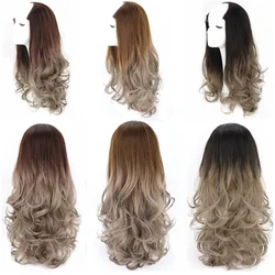 Pelucas sintéticas onduladas largas en forma de U para mujer, extensiones de media pieza de cabello, negro, marrón, Ombre 3/4, uso diario, 22 pulgadas