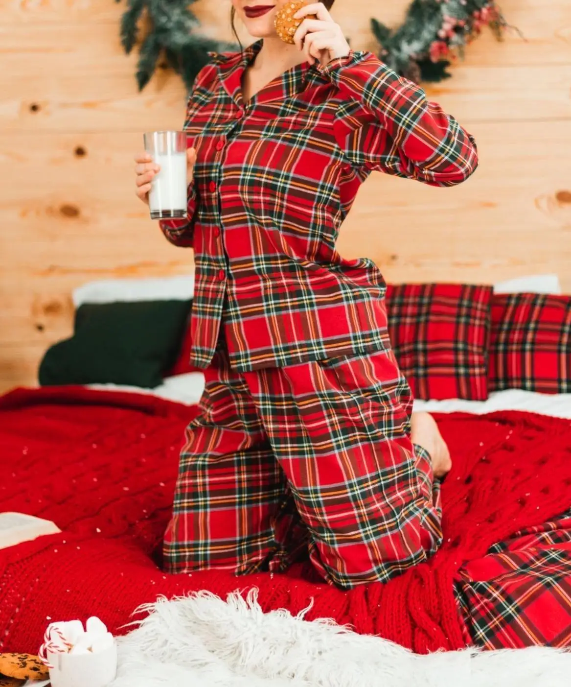 Red Plaid Women Pajamas 2 Pieces Sleepwear Tops Pants Autumn Winter Pijamas HomeWear Clothes Front Button With Chest Pocket S-XL