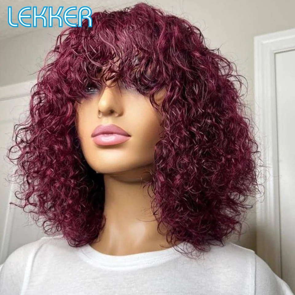 

Lekker Red Afro Kinky Curly Bob 100% Human Hair Wigs With Bangs For Women Brazilian Remy Hair Full Machine Made Colored Wigs
