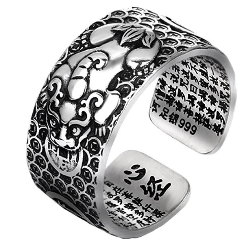 Blessing Buddhist Heart Sutra Ring Male Index Finger Accessories Retro Wealth Beast Pixiu Ring For Men Jewelry Open Size