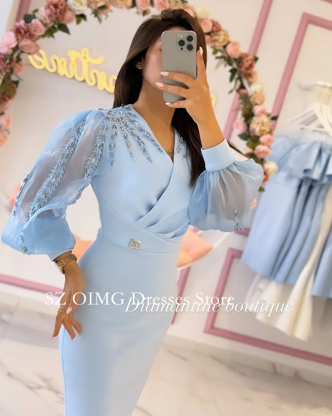 OIMG 2024 New Summer Women\'s Maxi Sky Blue Crepe Satin Prom Dress Customized Fashion Celebrity V-Neck Short Party Dress