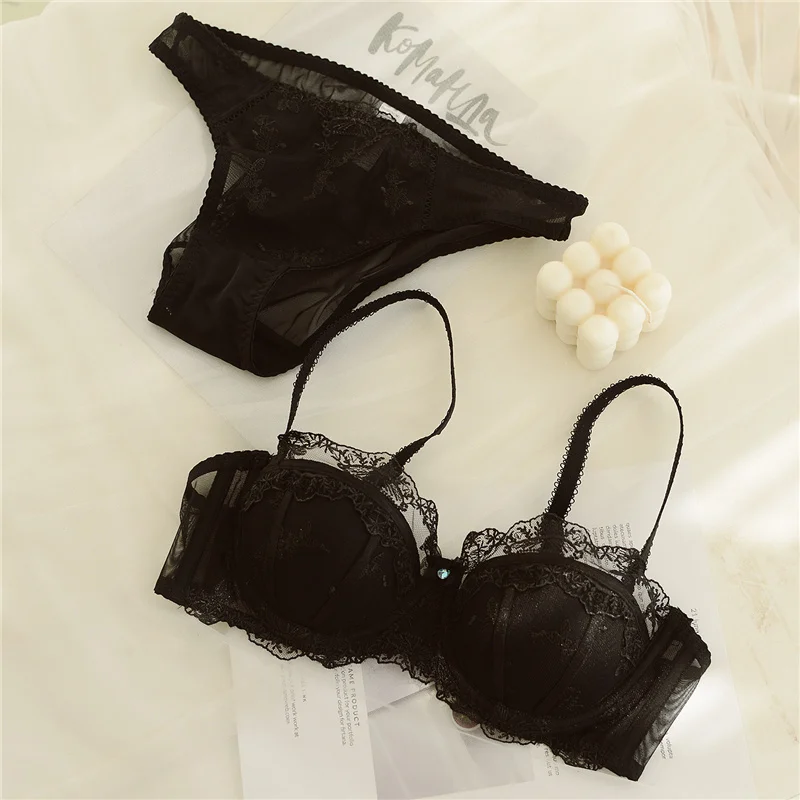 Lingerie di pizzo a mezza coppa ricamata con anello in acciaio sul petto piccolo che raccoglie Set di reggiseni Sexy da donna intimo sottile