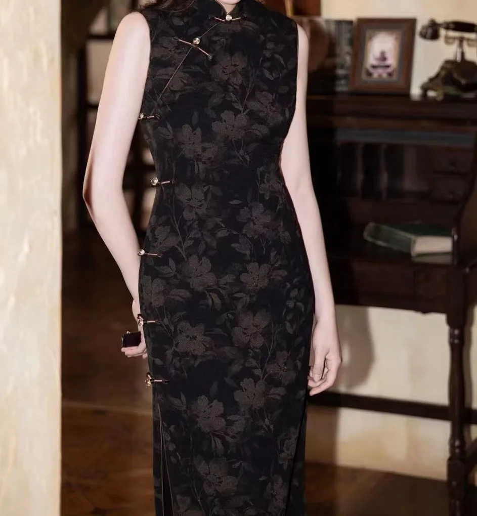 

Черное платье-ципао без рукавов, весенне-летнее, новое, с молнией сзади, винтажное, из полиэфирного волокна, с эффектом утяжки, белое