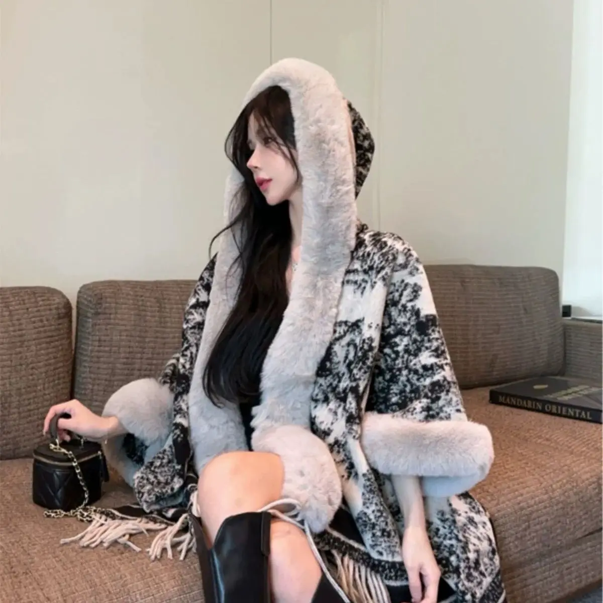 

Вязаная накидка из искусственного меха, шаль, элегантный нечеткий воротник, вязаная шаль с кисточками для банкета, вечерние платья, плащ, кардиган Wh203