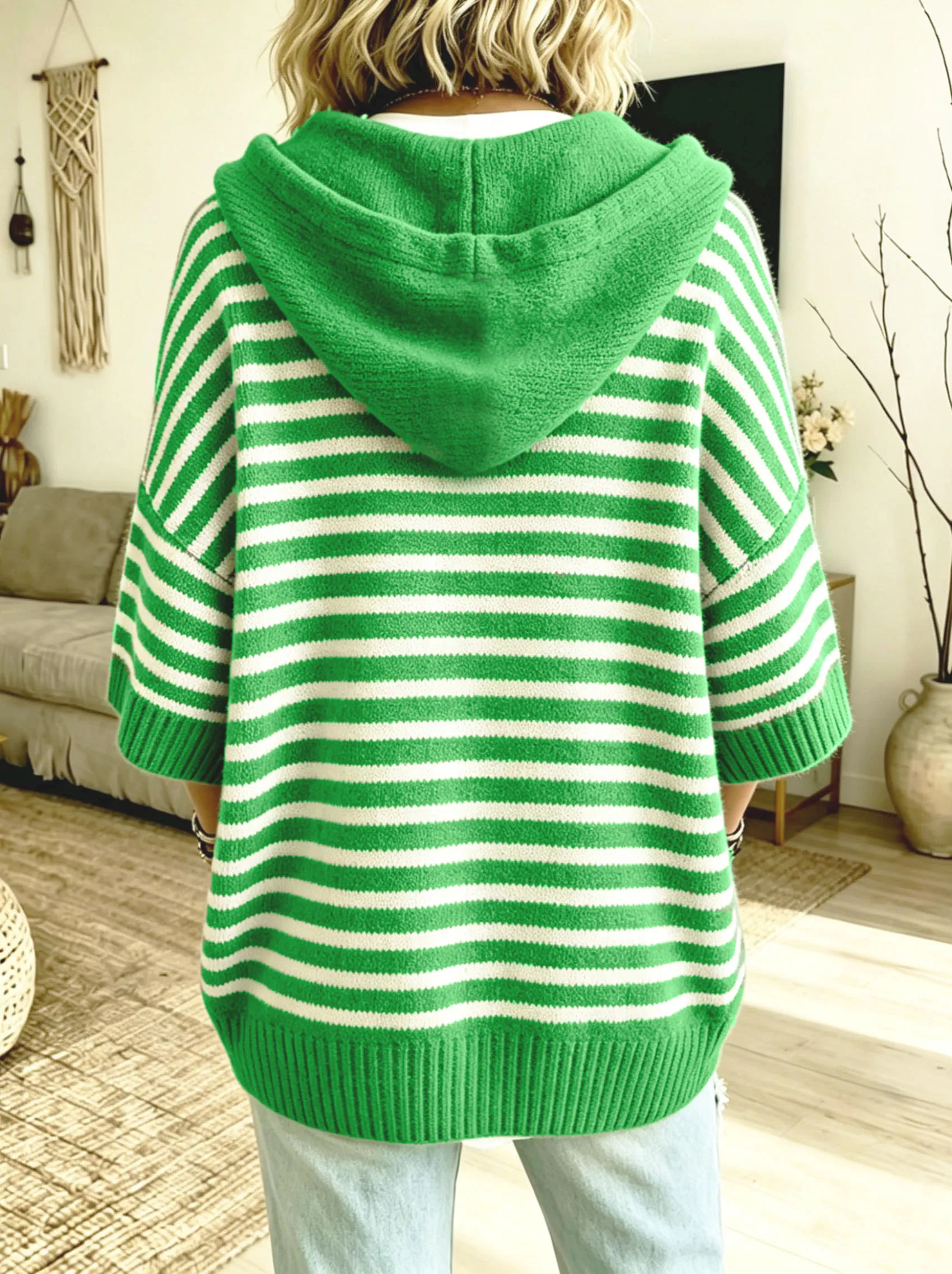 Women's plus-size knitted hooded top with drawstrings and stripes, simple and casual, suitable for autumn and winter