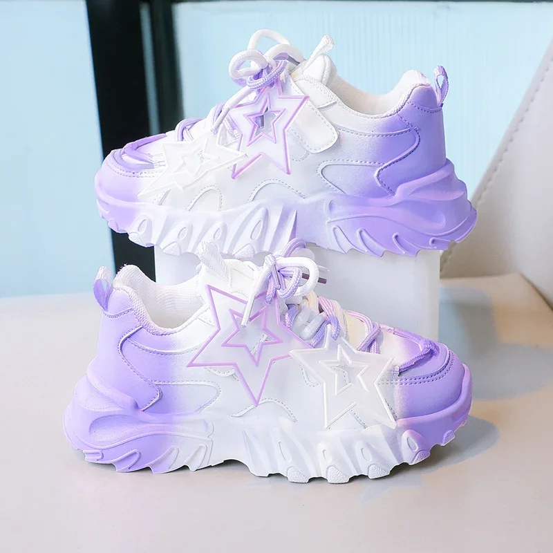 Breathable Gradient Color Kids Sports Shoes, Breathable Chunky Sneakers for Girls and Boys with Star Decoration Children Shoes