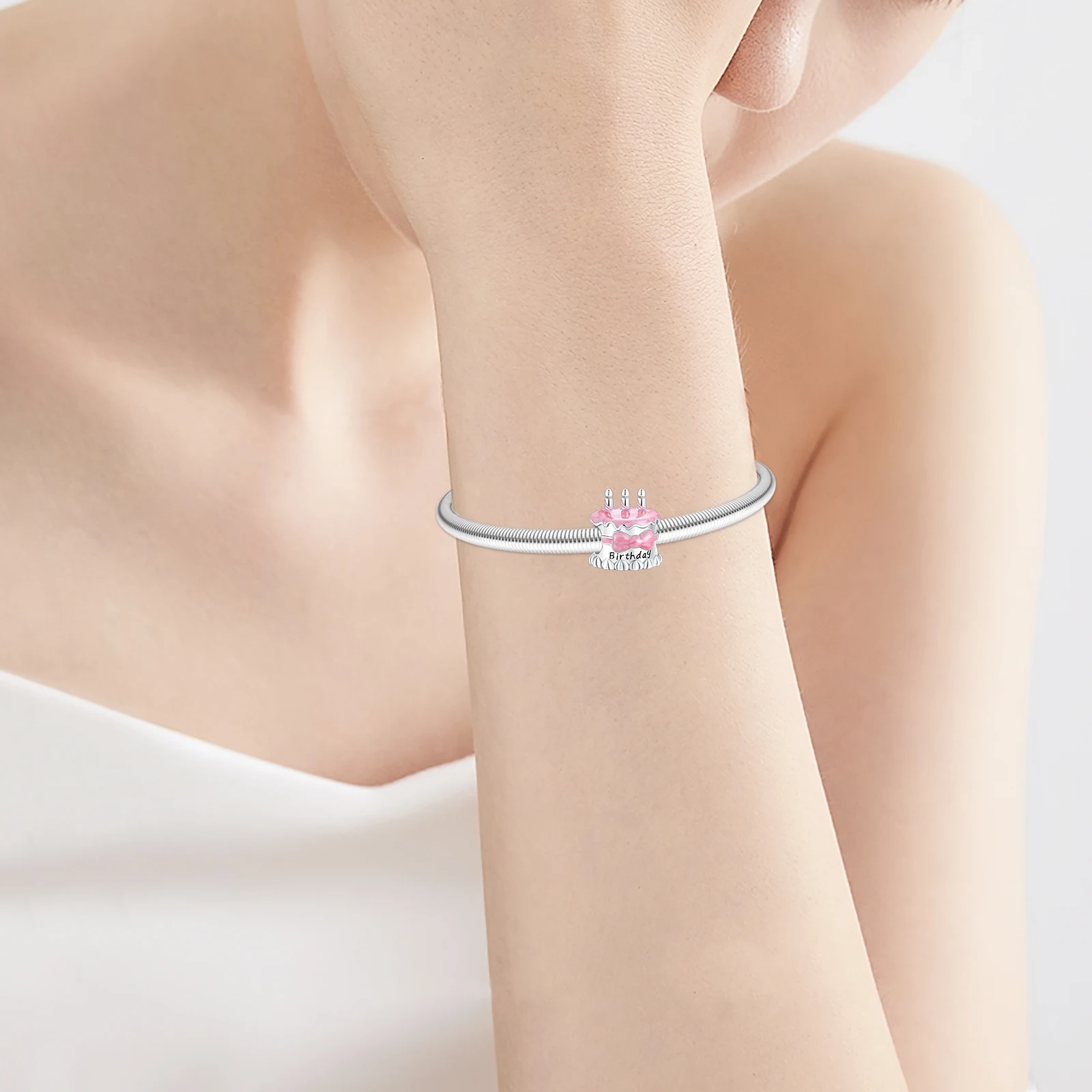 925 Sterling Silver Birthday cake pink bow Beads Charms Bracelets Women DIY Jewelry Gift