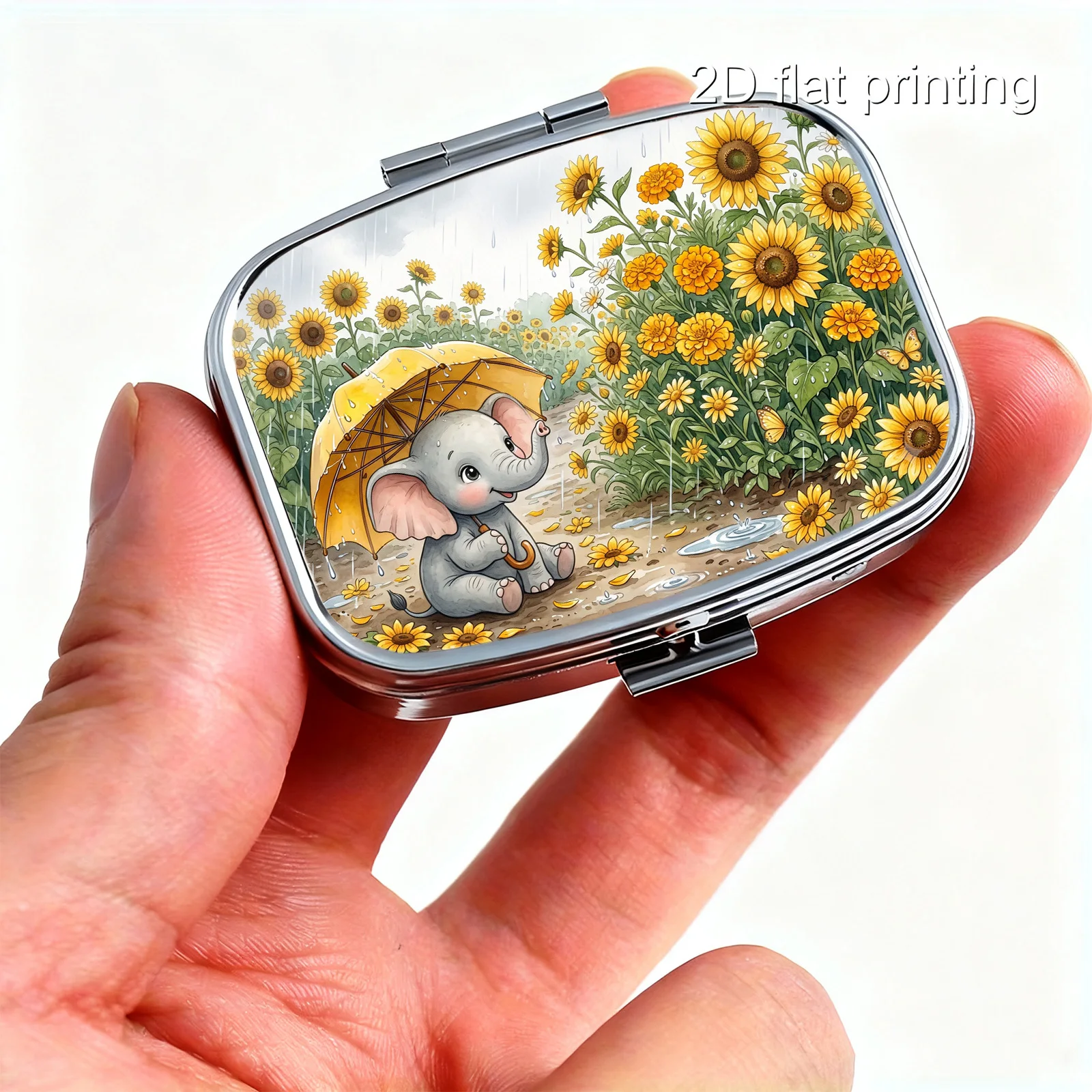 Flat Printing, Portable Mini Double-Compartment Pill Box, Watercolor Print of Sunflowers in the Rain and Little Yellow Umbrella and Little Elephant, Travel Medicine Storage Box, Sealed and Moisture-Proof, Capsule Vitamin Storage Box, Portable Small Pill Box