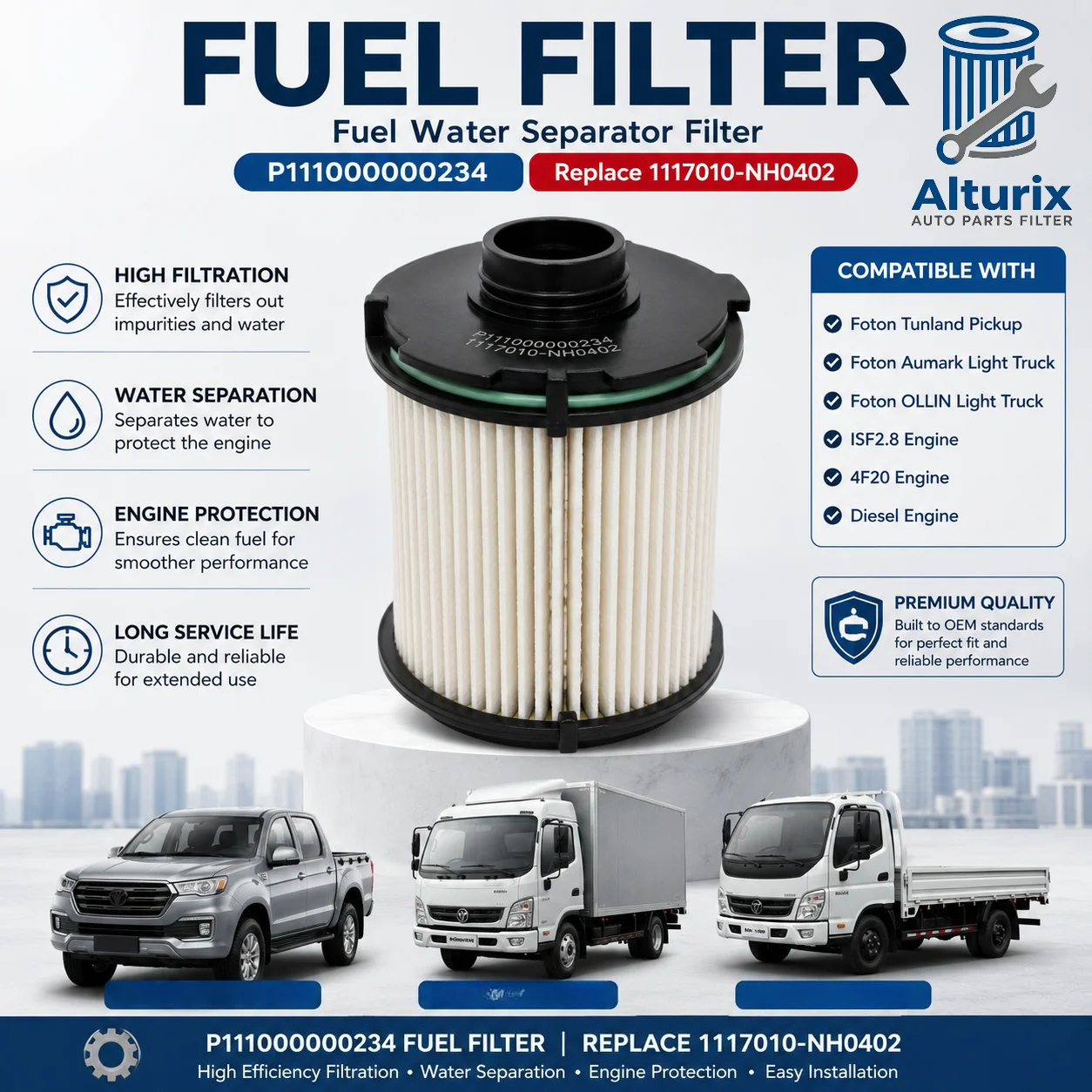 Filtro de Combustible P111000000234 Reemplazo 1117010-NH0402 para Foton Tunland Pickup Aumark Camión Ligero OLLIN Motor ISF2.8 4F20 Diésel