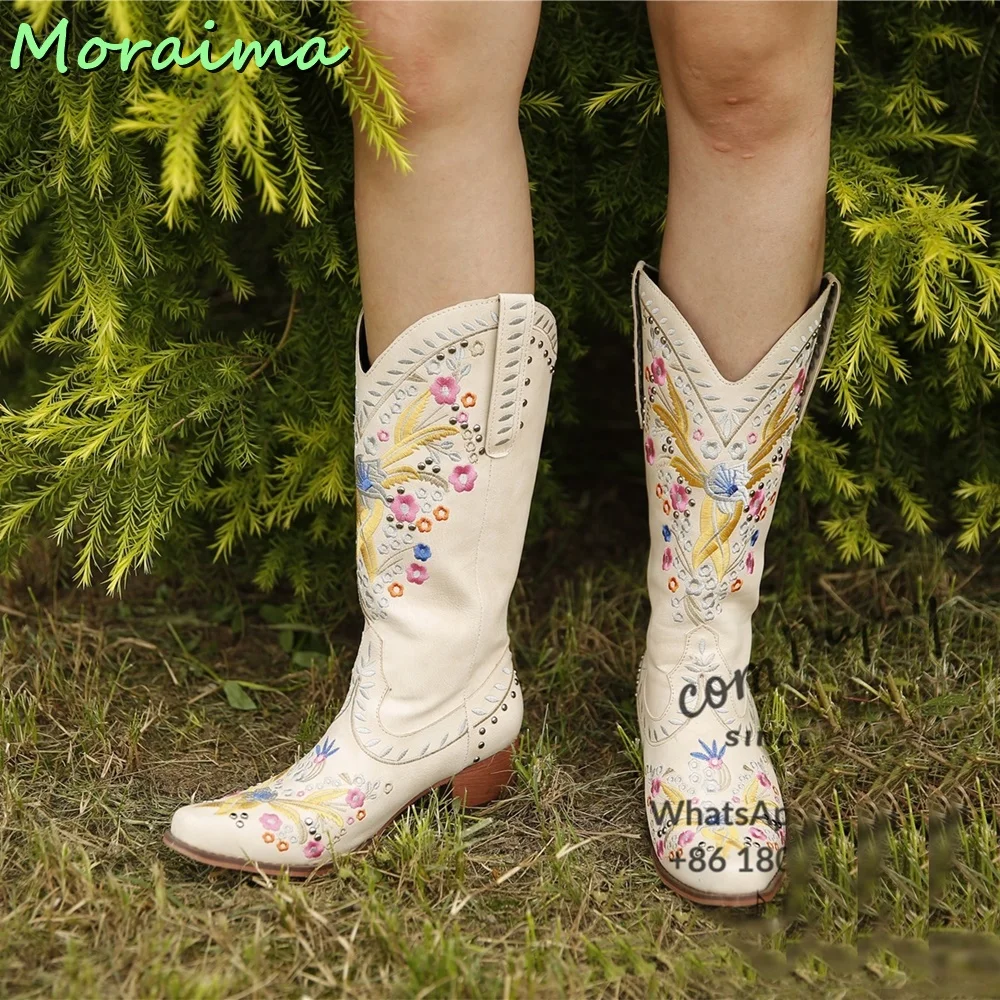 Ethnic Style Embroidery Mid Calf Boots Women Pointed Toe Slip On Designer Cowboy Boots Block Mid Heel Vintage European 2023 New