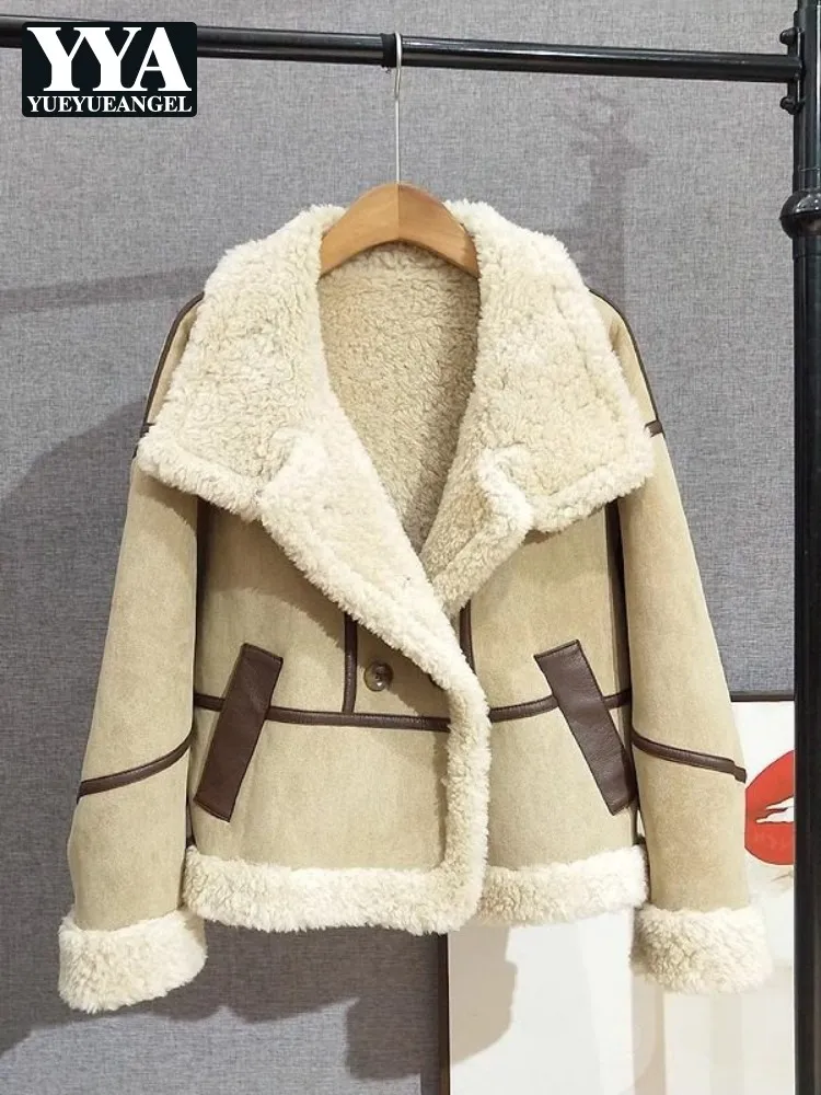 Hot Sale Winter Women Wool Lining Warm Jacket Comfortable Windproof Loose Coat Turndown Collar Double Breasted Casual Outerwear