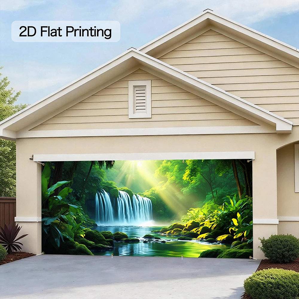 1pc Mountain Waterfall Cave Garage Door Banner 13x6FT Nature Scene with Waterfall Backdrop Outdoor Garage Decor for Parties Home