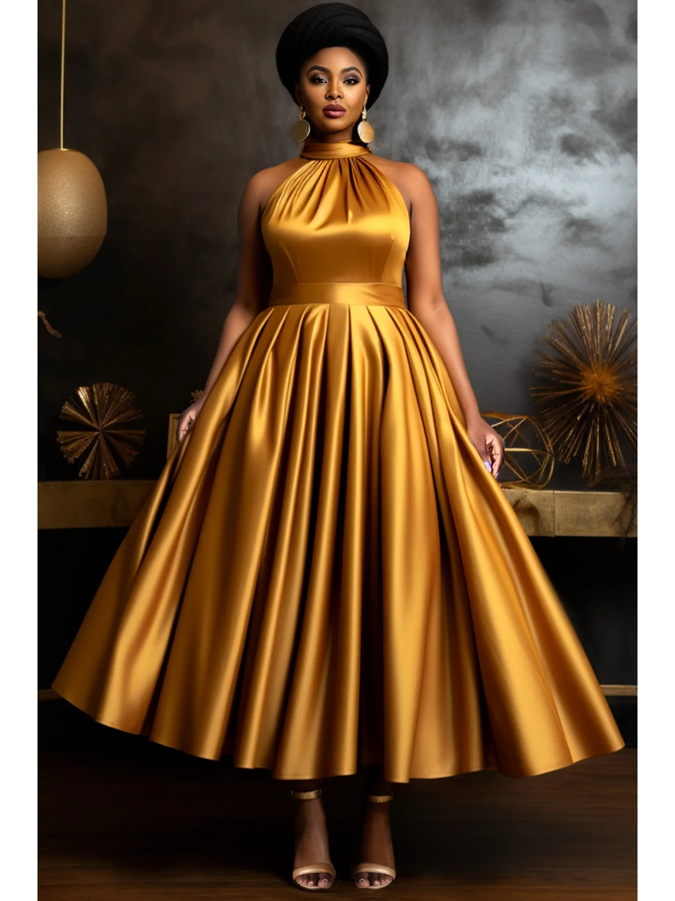 Vestido de satén halter de talla grande, sin mangas, plisado, corte A, formal, para mujer, ajuste curvy, elegante, para invitada de boda, fiesta de noche