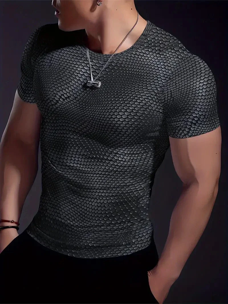 Men Realistic Snake Scale Pattern T Shirt Black Casual Short Sleeve Crew Neck Streetwear Tee