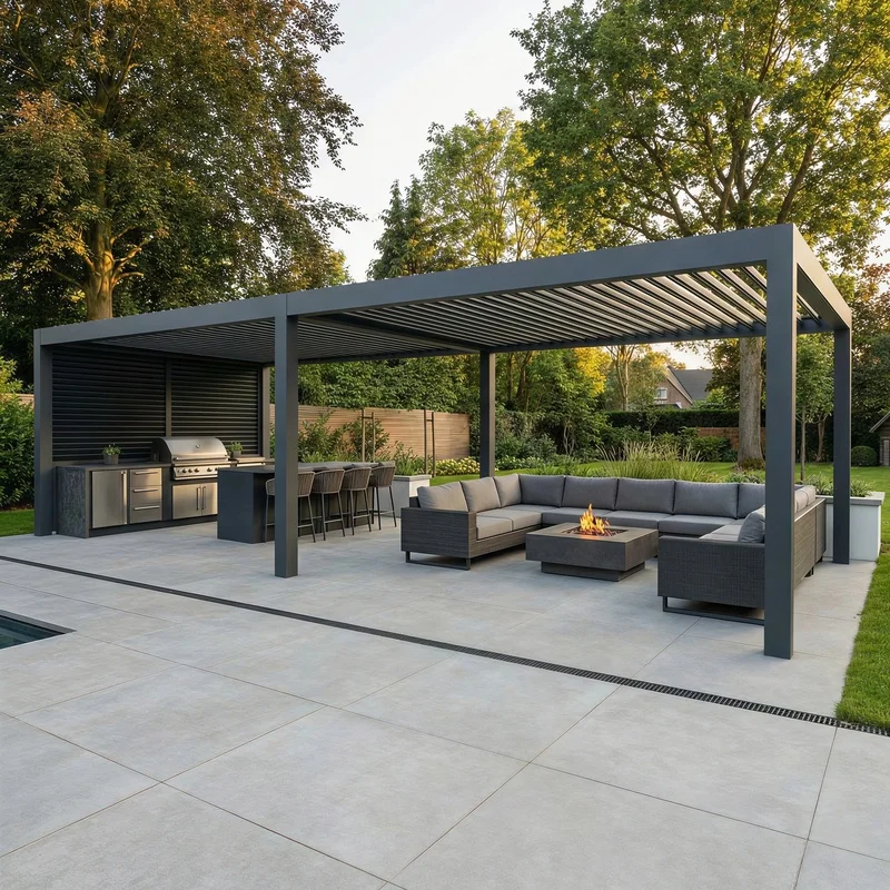 Large 4x5m Motorized Metal Gazebo with Double Layer Louvers, All Weather Aluminum Pergola Courtyard BBQ Dining