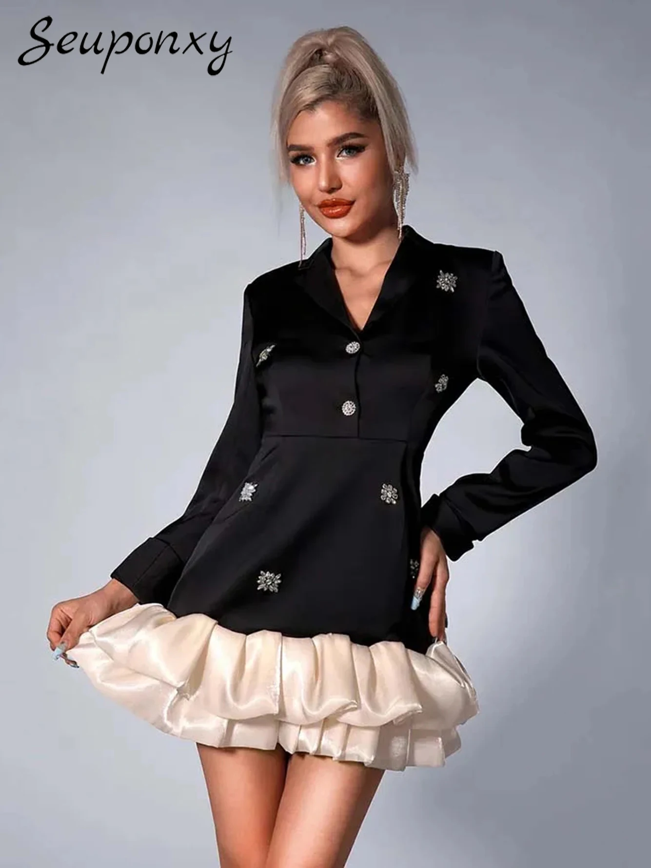 

High Quality 2024 New Women'S Sexy V-Neck Long Sleeved Crystal Diamond Ruffled Mini Blazer Dress Elegant Celebrity Party Vestido