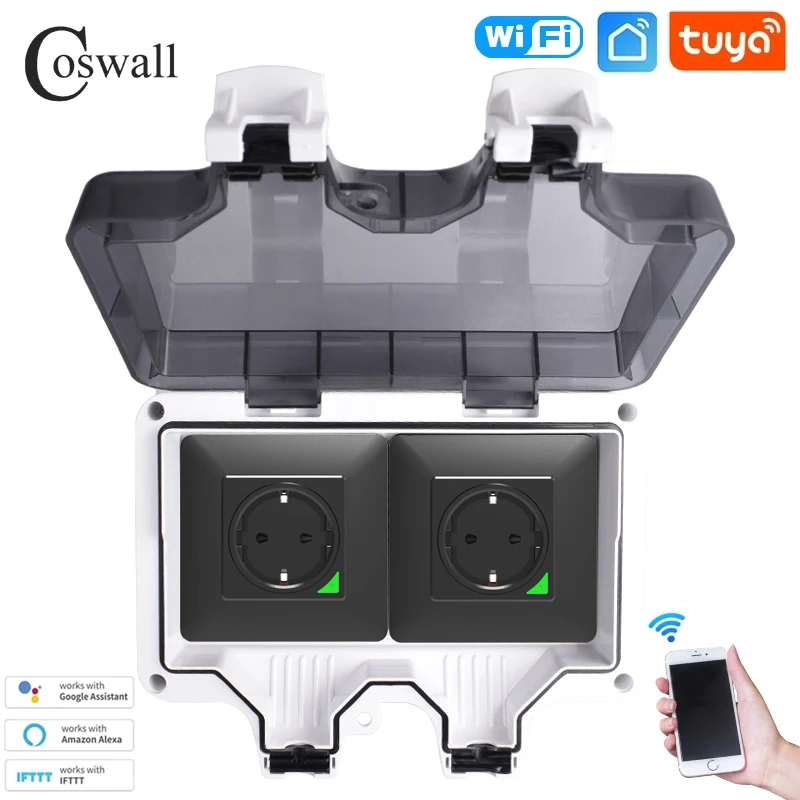 Coswall Tuya Zigbee / WIFI IP66 Waterdicht EU FR UK Universele stopcontacttijdschakelaar Programmeerbaar met stroombewakingsfunctie - afbeelding 1