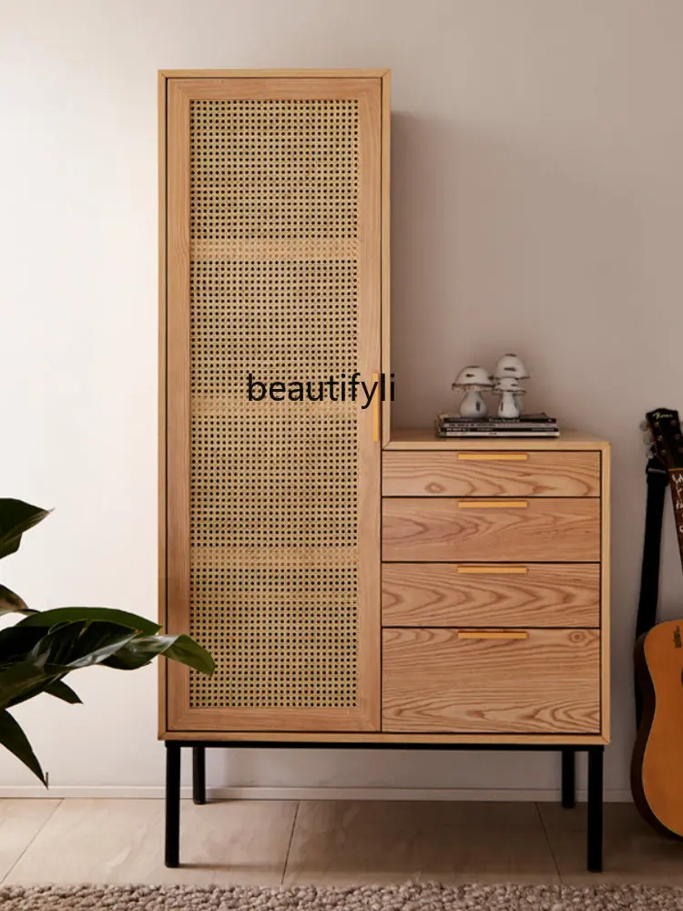 yj Rattan Rattan Wardrobe Bookcase Nordic Solid Wood Bedroom Sliding Door Wardrobe Furniture