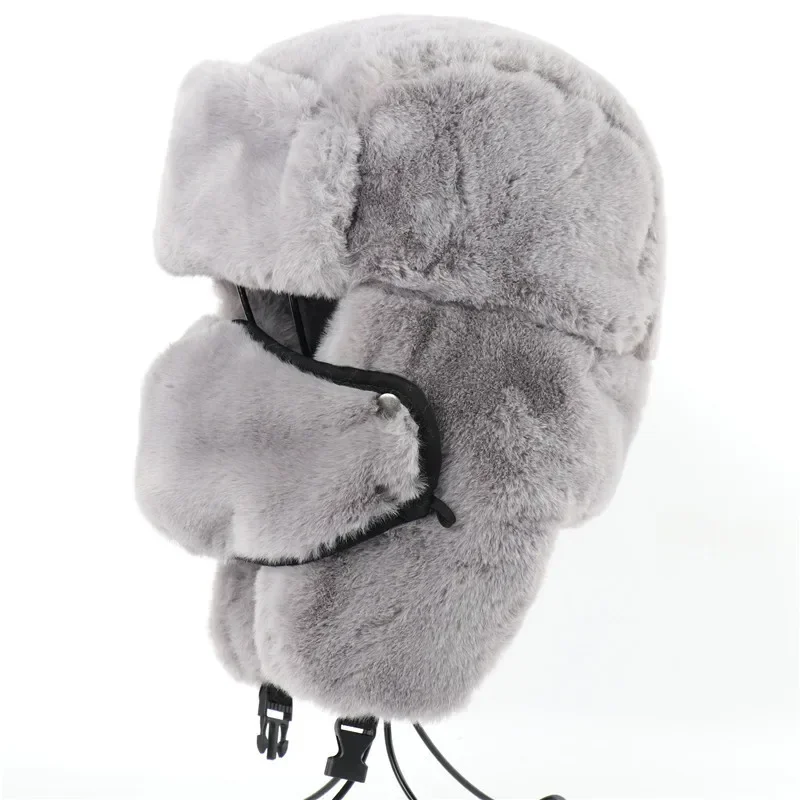 Winter Thermal Faux Rabbit Fur Bomber Hats Women Men Russia Hat Face Neck Earflap Snow Caps