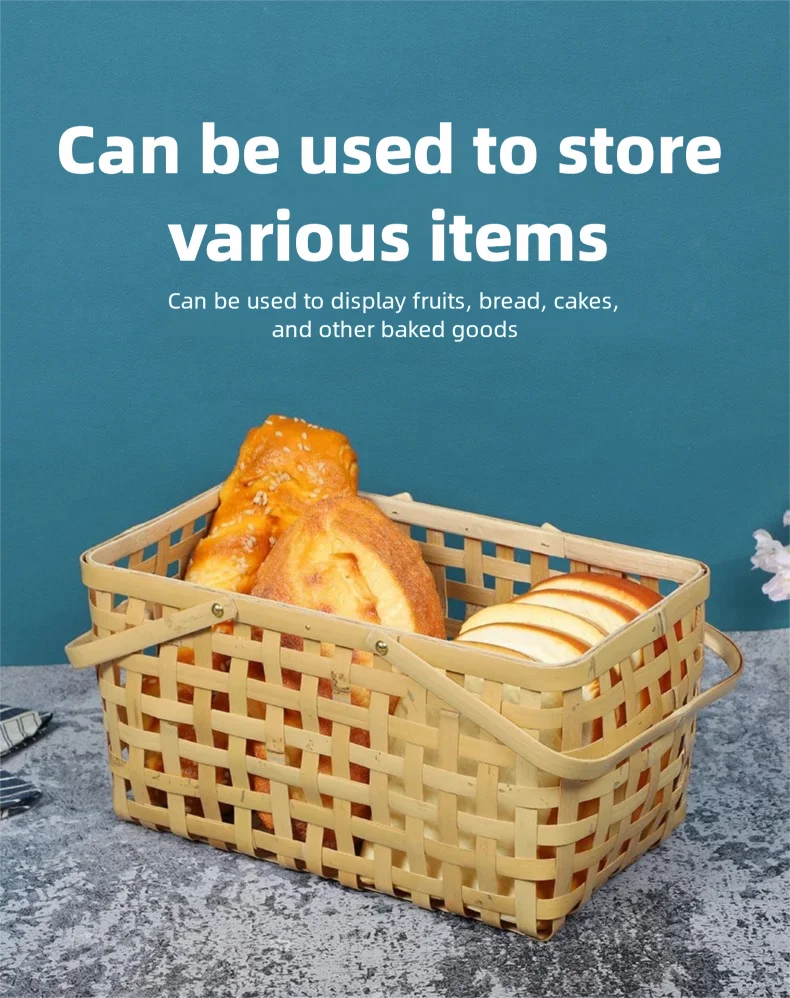 Portable Handwoven Bamboo Picnic Camping Basket, Multi-use Storage Fruit Organizer Basket with Double Handles for Home Outdoor