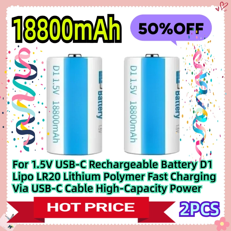 

For 1.5V 18800mAh USB-C Rechargeable Battery D1 Lipo LR20 Lithium Polymer Fast Charging Via USB-C Cable High-Capacity Power