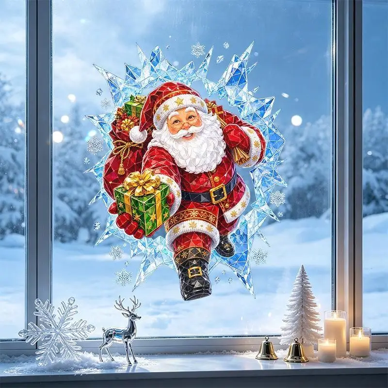 Christmas Santa Claus Window Decal With Removable Adhesive Vibrant 3D Design For Home Xmas Holiday Decor