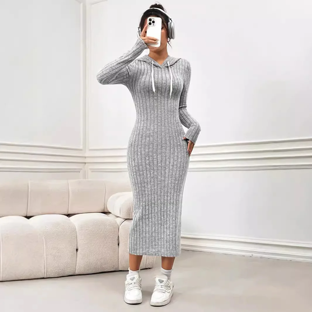 Women's solid color hooded dress slim fit long sleeved sweater Midi dresses For Women 2024 autumn/winter new item