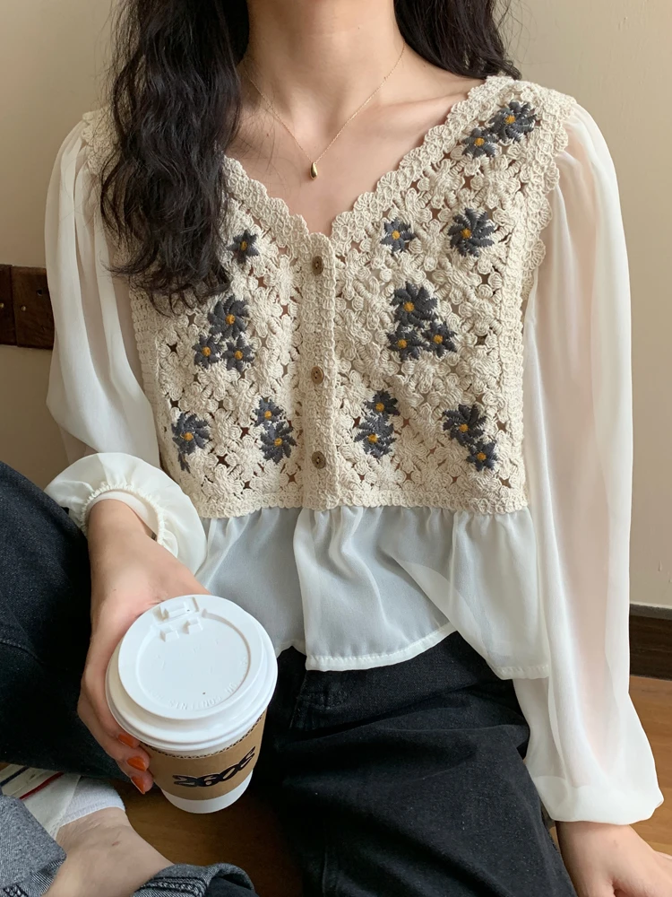 Crochet Knit Blouse with Chiffon Sleeve Peplum Button Front Shirts for Women Spring Summer Vacation Beach Wear