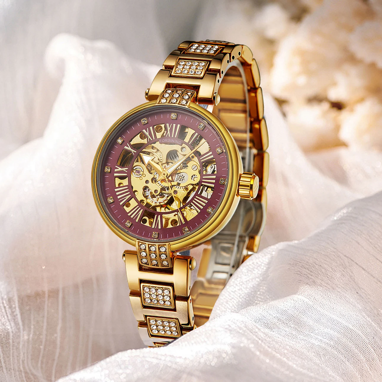 Fashion 2026 FORSINING Diamond Woman Watch Automatic Movement Elegant Women's Stainless Steel Skeleton Gold Luxury Wristwatch