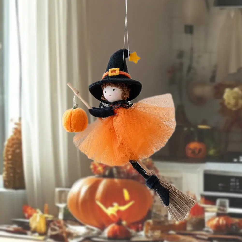 

Halloween Witch Display Mini Plush Flying Witch Doll for Halloween Party Decor Hanging Witch Dolls with Broom for Haunted House