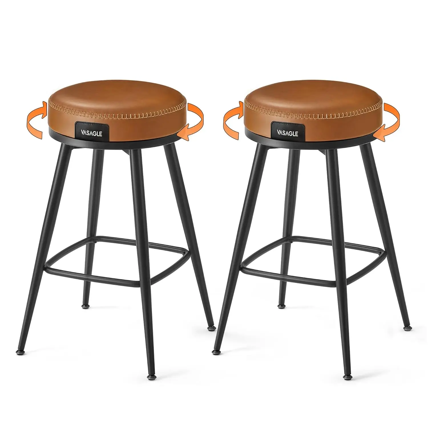 

Swivel Backless Counter Height Bar Stools 2PU Leather Stitched Mid Century 25.6in Kitchen Brown, Customized