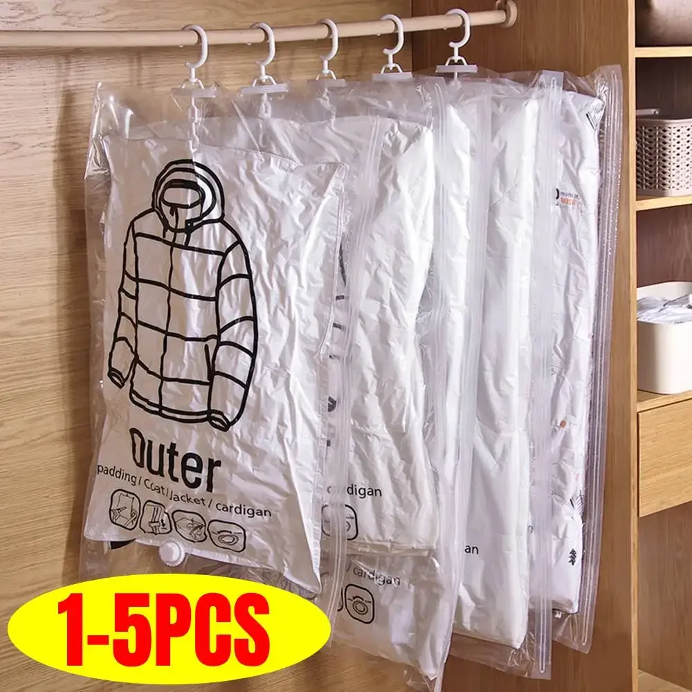 1–5 Stück hängende transparente Vakuumbeutel-Aufbewahrung für Kleidung, Daunenjacke, Mantel, Kompression, Heim-Organizer, Kleiderschrank, staubdichter Mantel