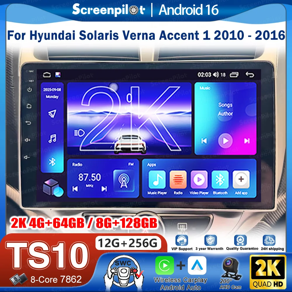 Android 16 For Hyundai Solaris Verna Accent 1 2010 - 2016 Car Radio Stereo Head Unit CarPlay Auto radio Touch Screen Wifi 8 Core